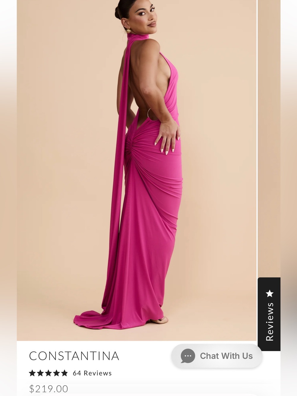 Constantina Fuchsia Backless Draped Halter Gown